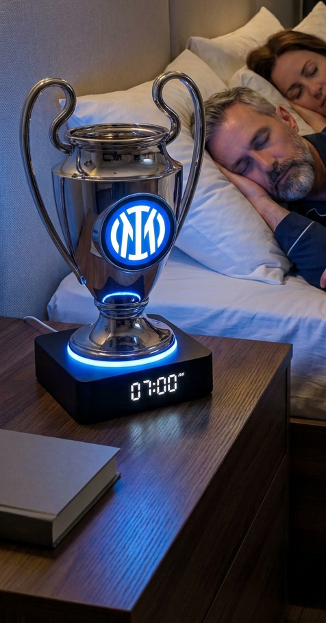 Sveglia ChampClock accesa di notte sul comodino